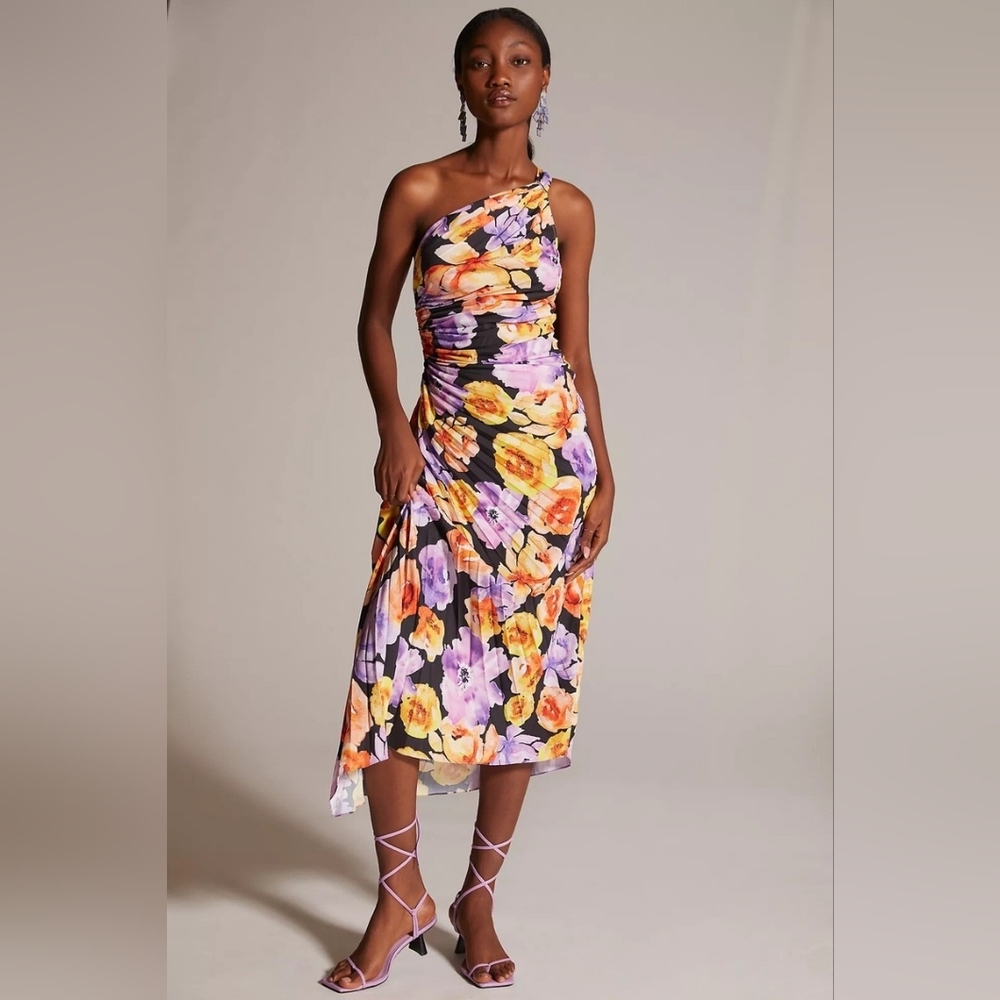 Anthropologie One-Shoulder Floral Midi Dress in Black, Yellow & Purple